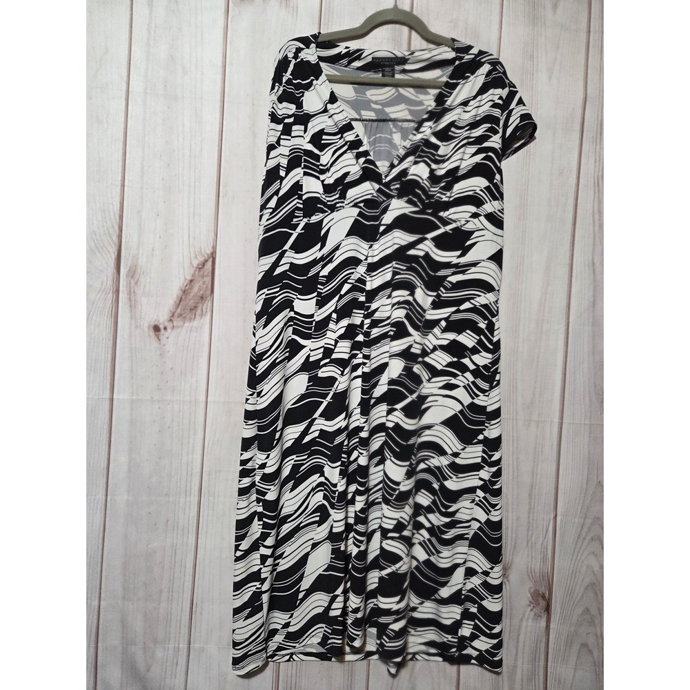 Apostrophe Stretch Black White Abstract Wave Faux Wrap Midi Dress Womens XL‎